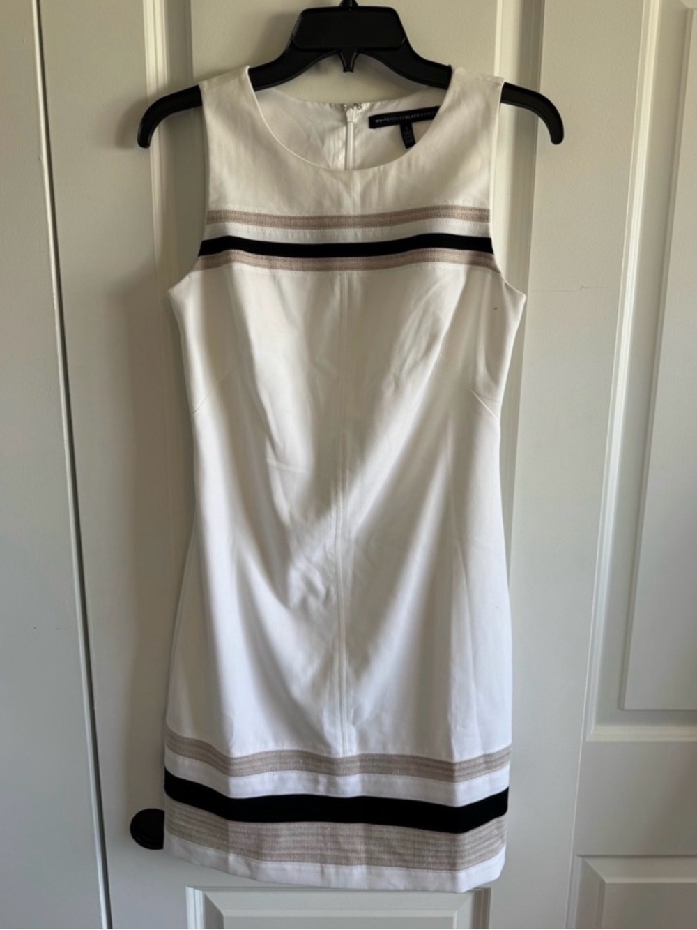 Sleeveless White Shift Dress with Black and Beige Stripes
